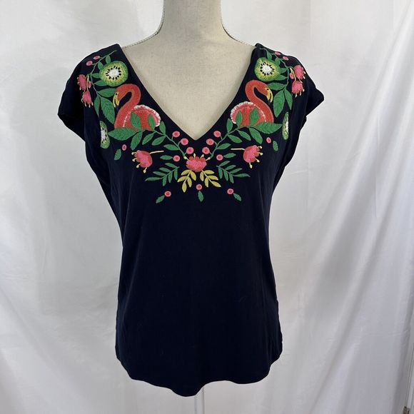 Boden Marcia Festival Boho Flamingo Embroidered V Neck Top Size 6  Shirt Blue - Picture 2 of 7